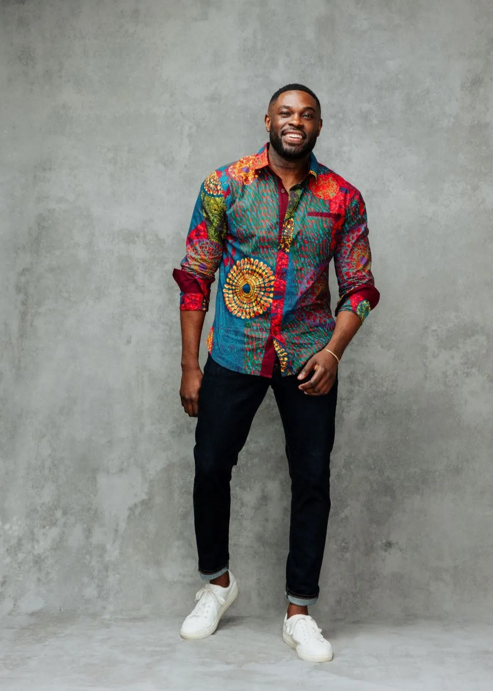 Chane Men's African Print Button-Up Shirt (New Harvest Multipattern) sold by D'iyanu product image thumbnail 4