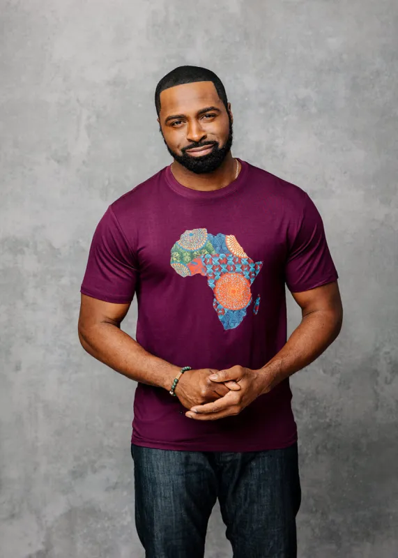 Kirabo Men's African Print Africa Map T-shirt (Plum/New Harvest Multipattern) made by D'iyanu