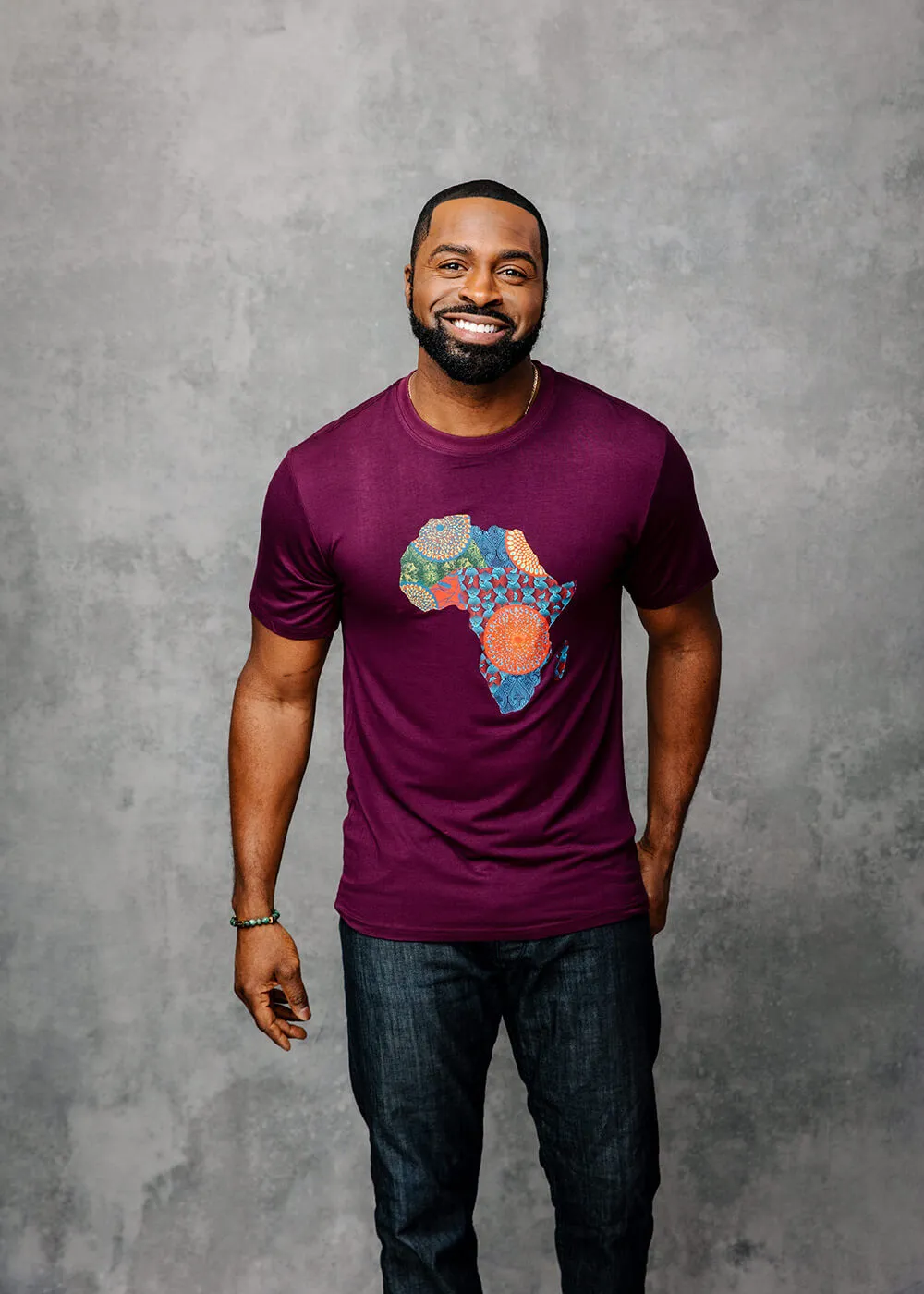 Kirabo Men's African Print Africa Map T-shirt (Plum/New Harvest Multipattern) sold by D'iyanu product image thumbnail 4