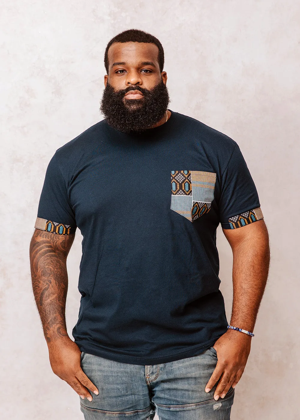 Seun Men's African Print T-Shirt with Pocket (Blue/Tan Navy) sold by D'iyanu product image thumbnail 3