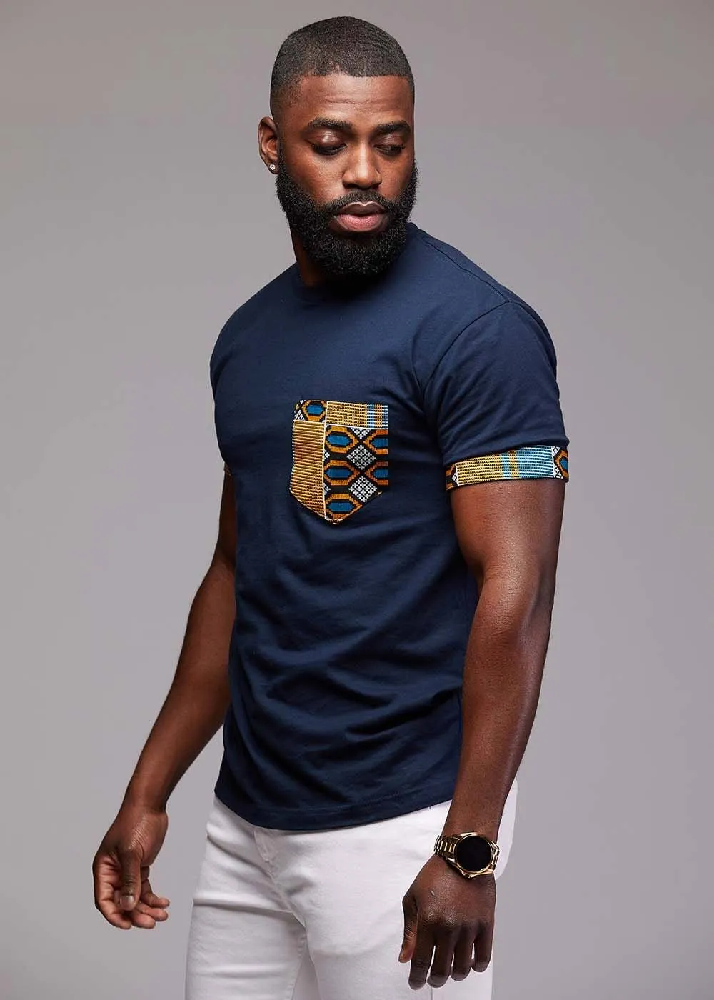Seun Men's African Print T-Shirt with Pocket (Blue/Tan Navy) sold by D'iyanu product image thumbnail 4