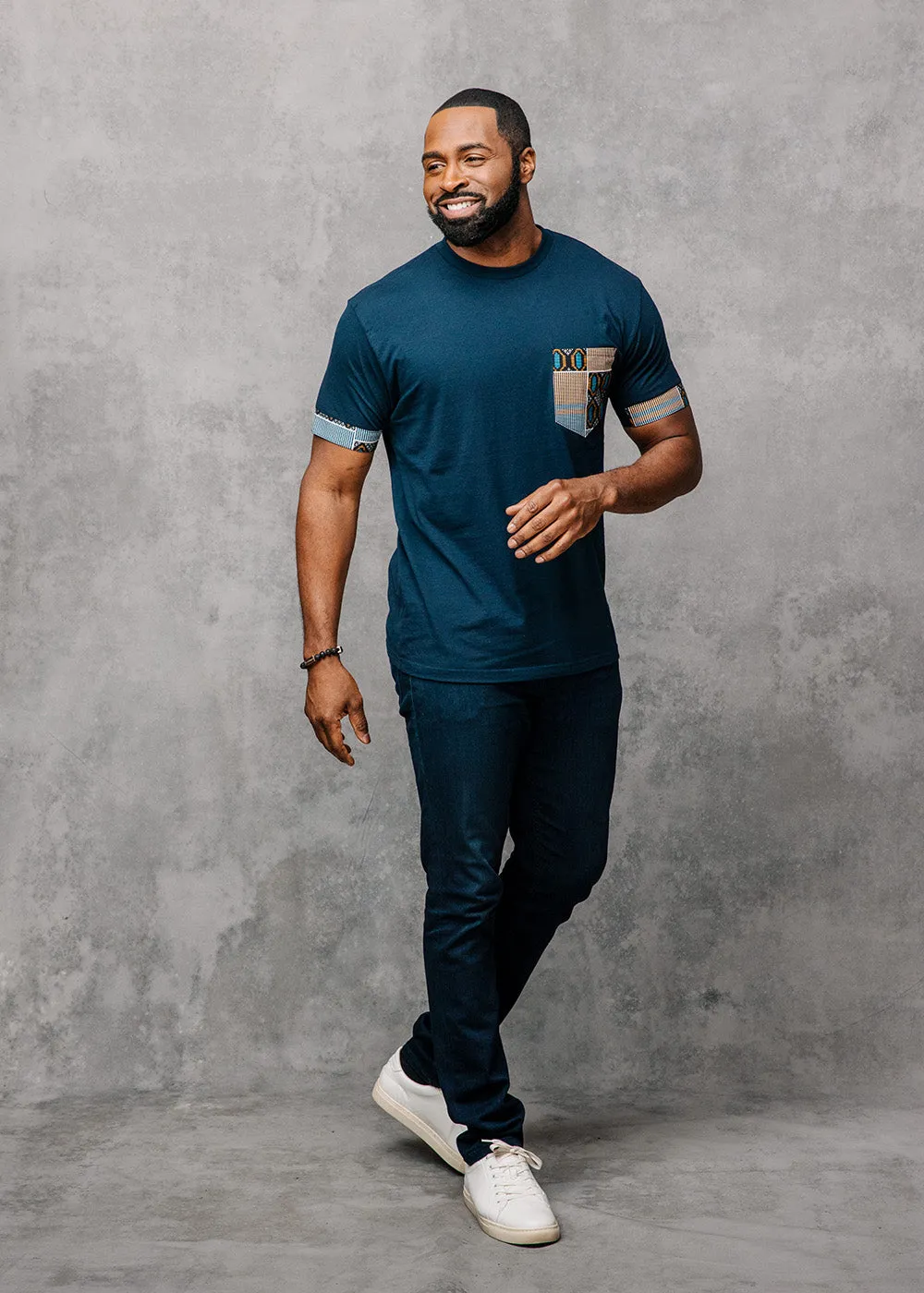 Seun Men's African Print T-Shirt with Pocket (Blue/Tan Navy) sold by D'iyanu product image thumbnail 5