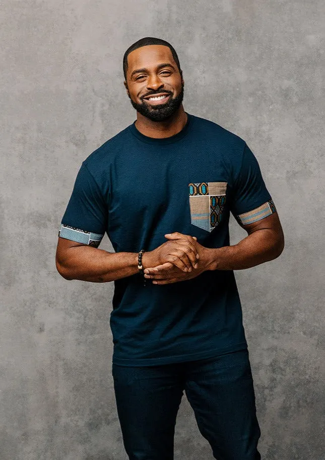 Seun Men's African Print T-Shirt with Pocket (Blue/Tan Navy) sold by D'iyanu product image thumbnail 2
