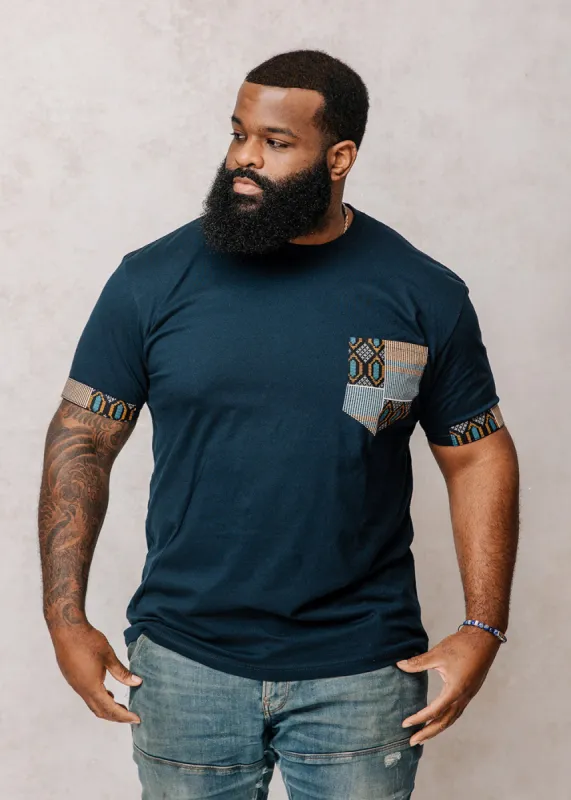 Seun Men's African Print T-Shirt with Pocket (Blue/Tan Navy) sold by D'iyanu