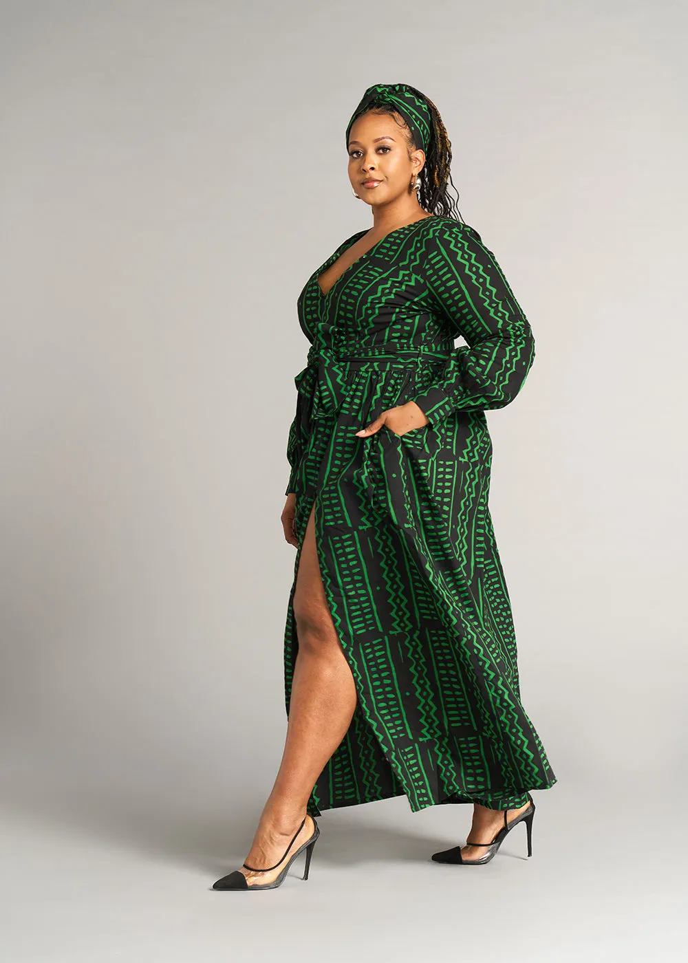 Abiba Women's African Print Maxi Dress (Moss Black Tribal) - Clearance sold by D'iyanu