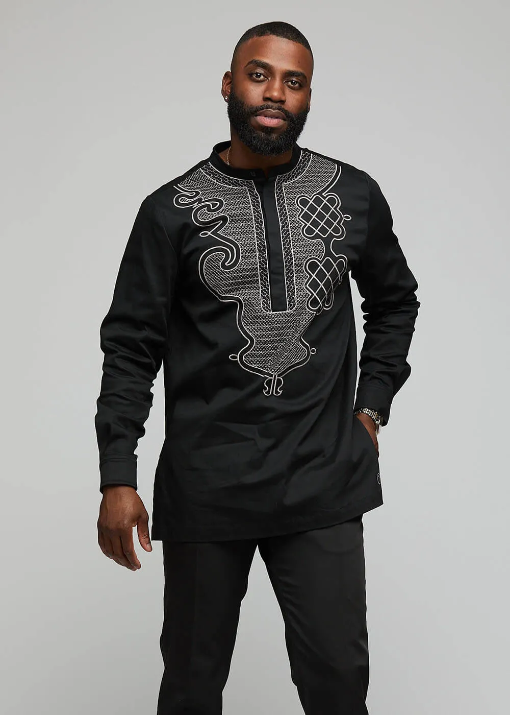 Dubaku Men's Traditional African Embroidery Shirt (Black) sold by D'iyanu product image thumbnail 3