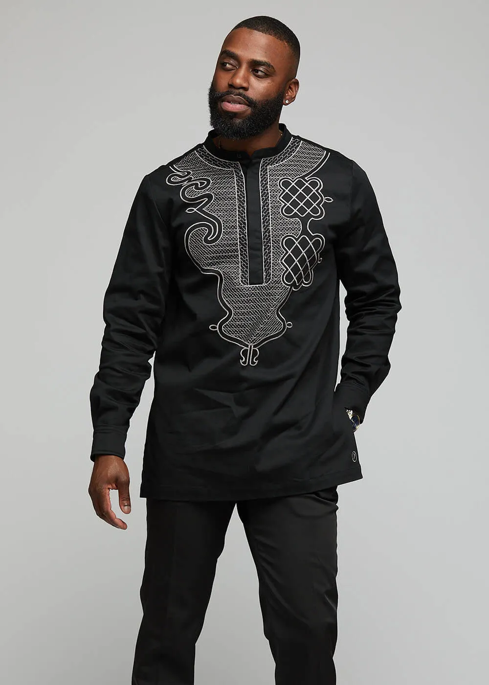 Dubaku Men's Traditional African Embroidery Shirt (Black) sold by D'iyanu product image thumbnail 2