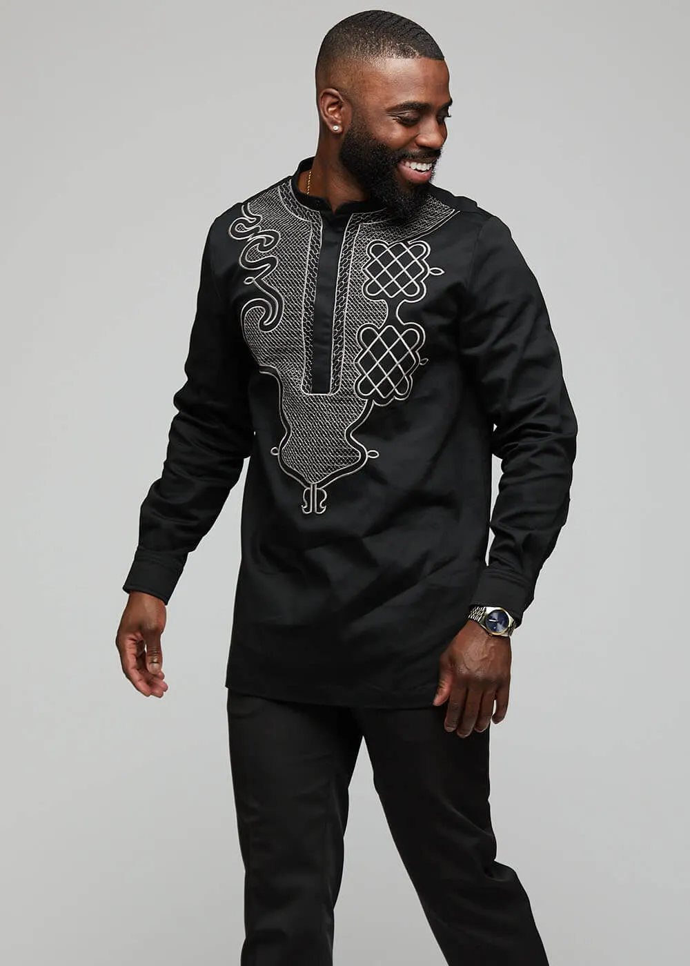 Dubaku Men's Traditional African Embroidery Shirt (Black) sold by D'iyanu