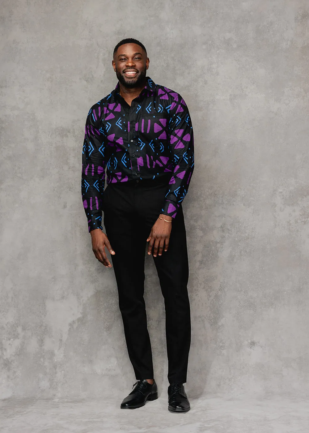 Chane Men's African Print Button-Up Shirt (Black Purple Mudcloth) sold by D'iyanu product image thumbnail 2