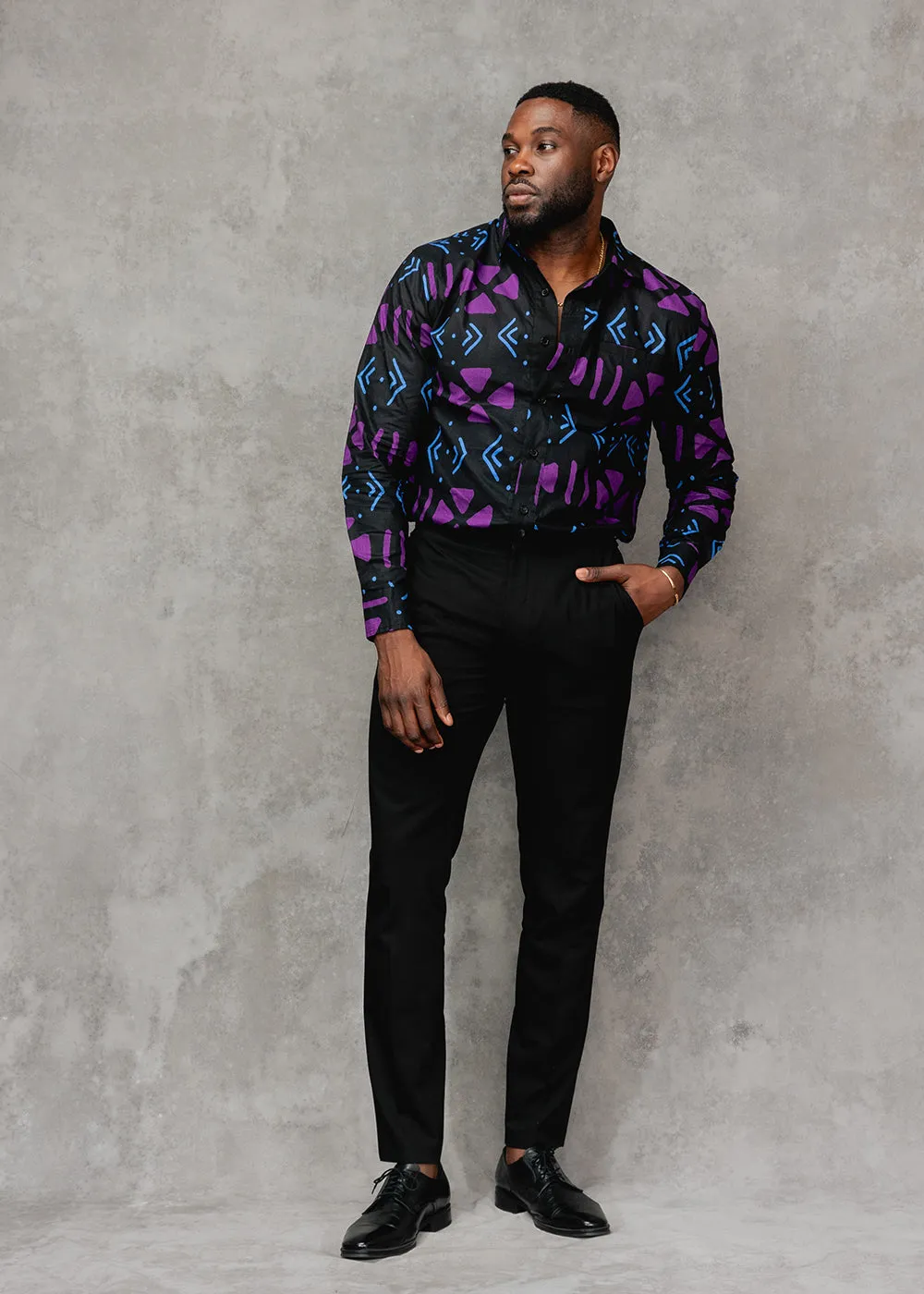 Chane Men's African Print Button-Up Shirt (Black Purple Mudcloth) sold by D'iyanu product image thumbnail 5