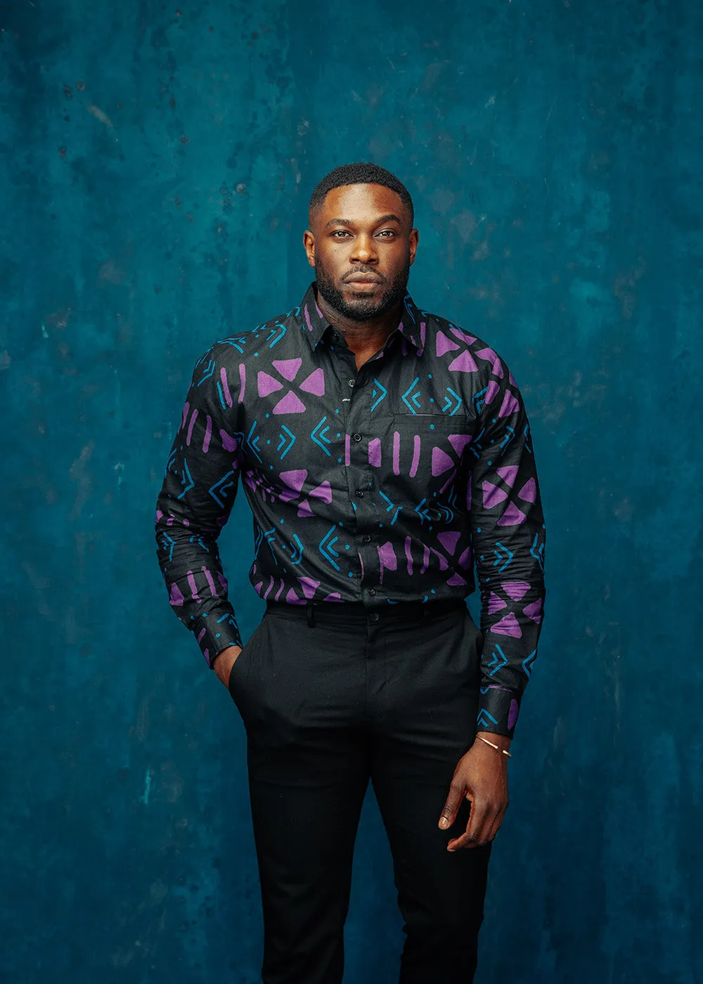 Chane Men's African Print Button-Up Shirt (Black Purple Mudcloth) sold by D'iyanu product image thumbnail 4
