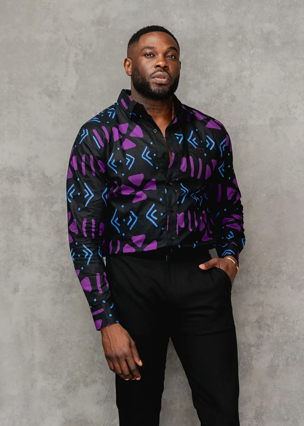 Chane Men's African Print Button-Up Shirt (Black Purple Mudcloth) sold by D'iyanu