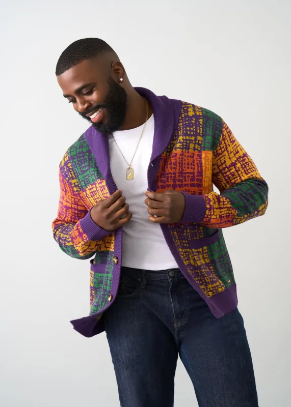 Aren Men's African Print Cardigan Sweater (Harvest Plaid Adire) - Clearance sold by D'iyanu