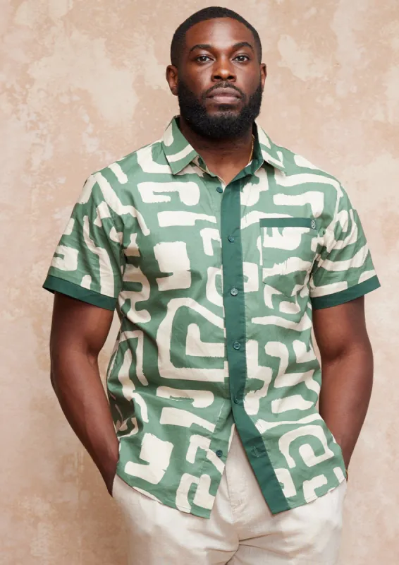 Hakim Men's Button-Up Shirt (Olive Geometric) sold by D'iyanu