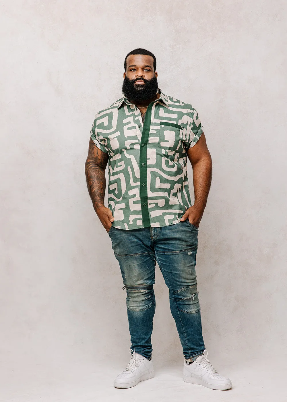 Hakim Men's Button-Up Shirt (Olive Geometric) sold by D'iyanu product image thumbnail 2