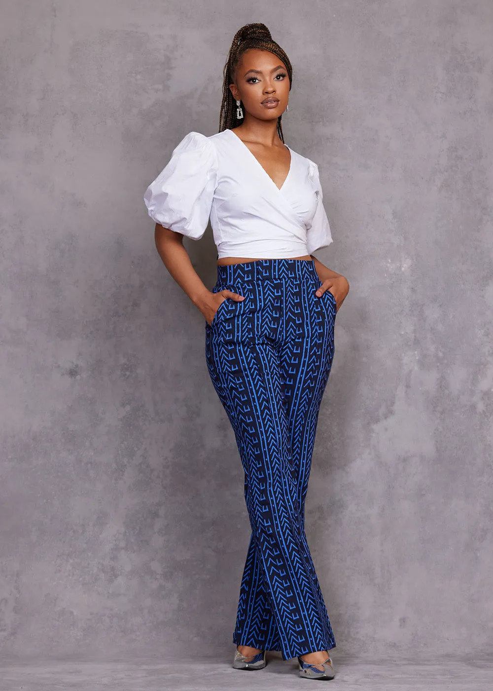Abebe Women's African Print Stretch Wide Leg Pants (Blue Navy Mudcloth) sold by D'iyanu product image thumbnail 2