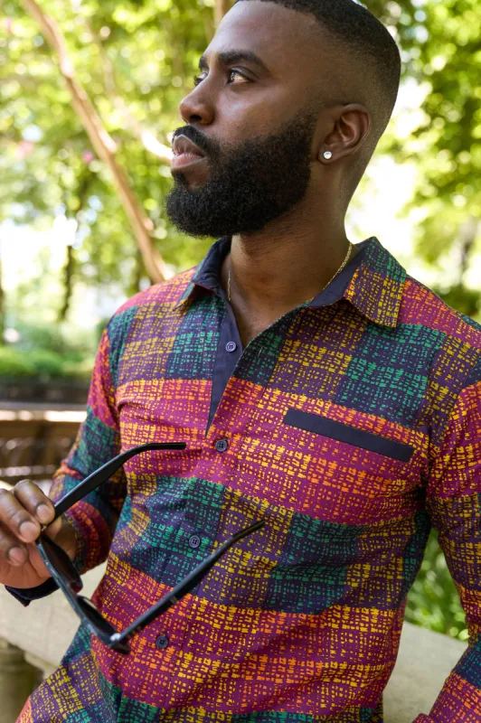 Mazi Men's African Print Button-up Shirt (Harvest Plaid Adire) sold by D'iyanu