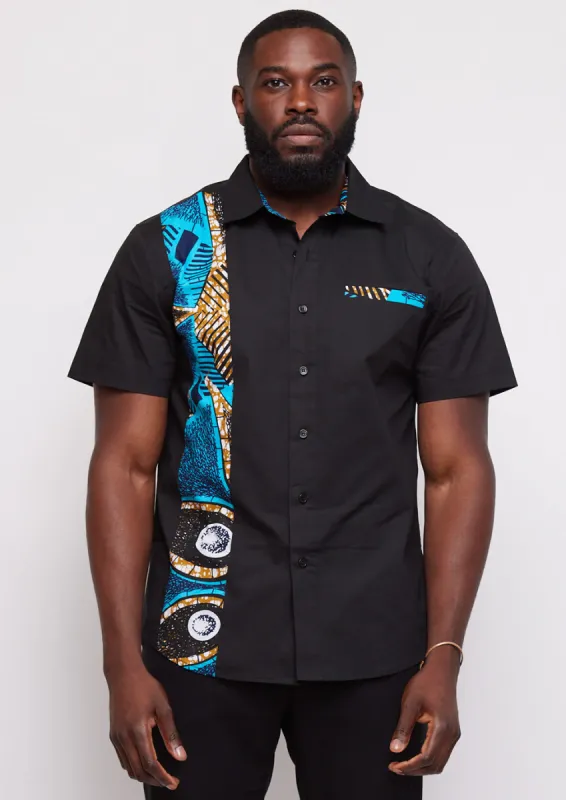Tumelo Men's Applique Button-Up Shirt (Black/Sky Blue Flowers) -Clearance sold by D'iyanu