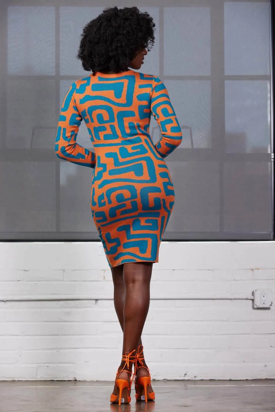 Marah Women's African Print Sweater Dress (Orange Blue Geometric) sold by D'iyanu product image thumbnail 5