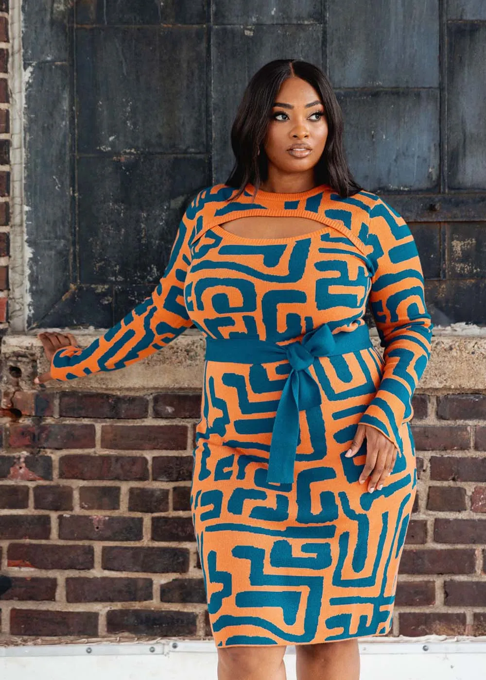 Marah Women's African Print Sweater Dress (Orange Blue Geometric) sold by D'iyanu product image thumbnail 2