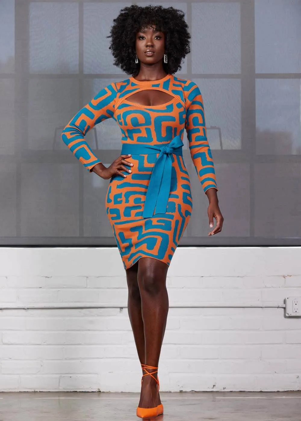 Marah Women's African Print Sweater Dress (Orange Blue Geometric) sold by D'iyanu product image thumbnail 3