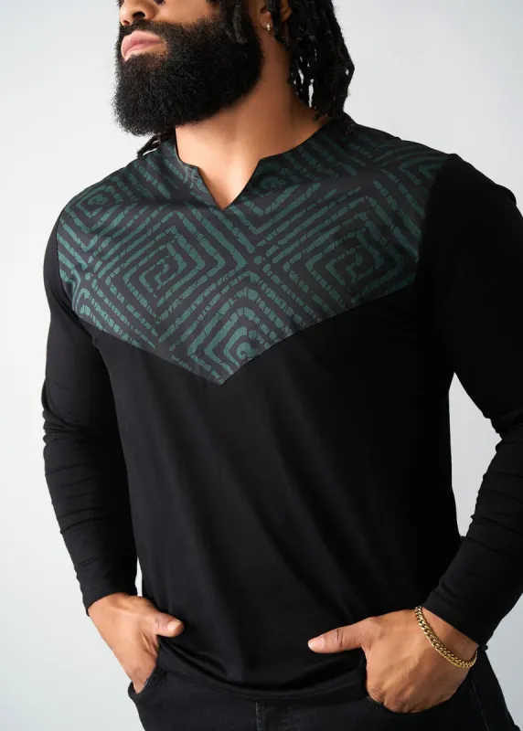 Rufaro Men's African Print Applique T-Shirt (Malachite Diamond Adire) - Clearance sold by D'iyanu