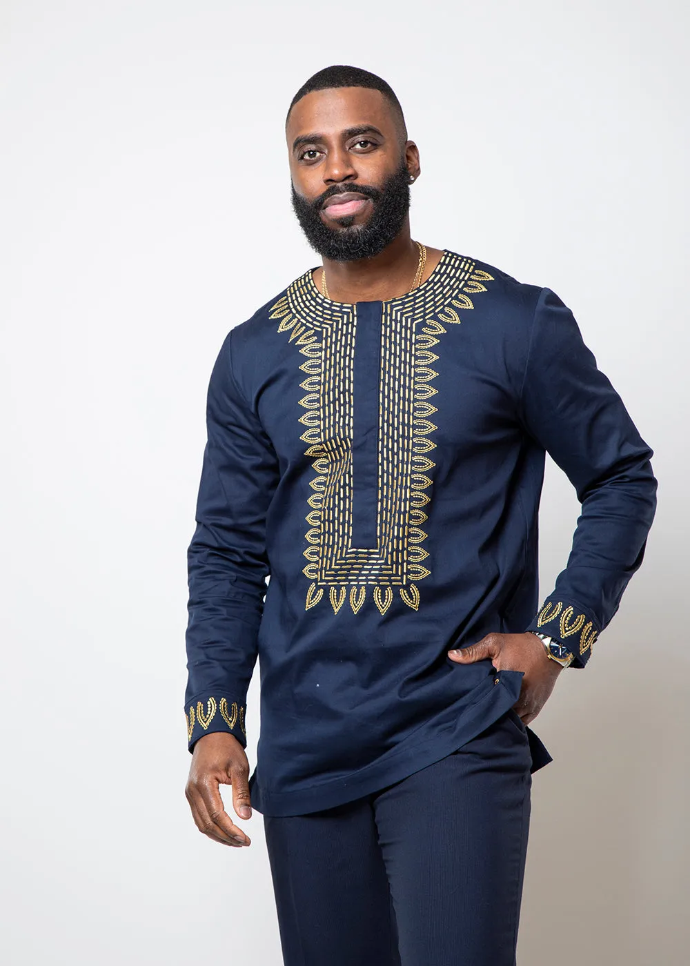Karim Men's Embroidered Traditional Shirt (Navy with Gold Embroidery) sold by D'iyanu