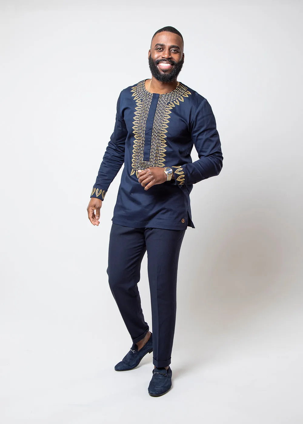 Karim Men's Embroidered Traditional Shirt (Navy with Gold Embroidery) sold by D'iyanu product image thumbnail 2