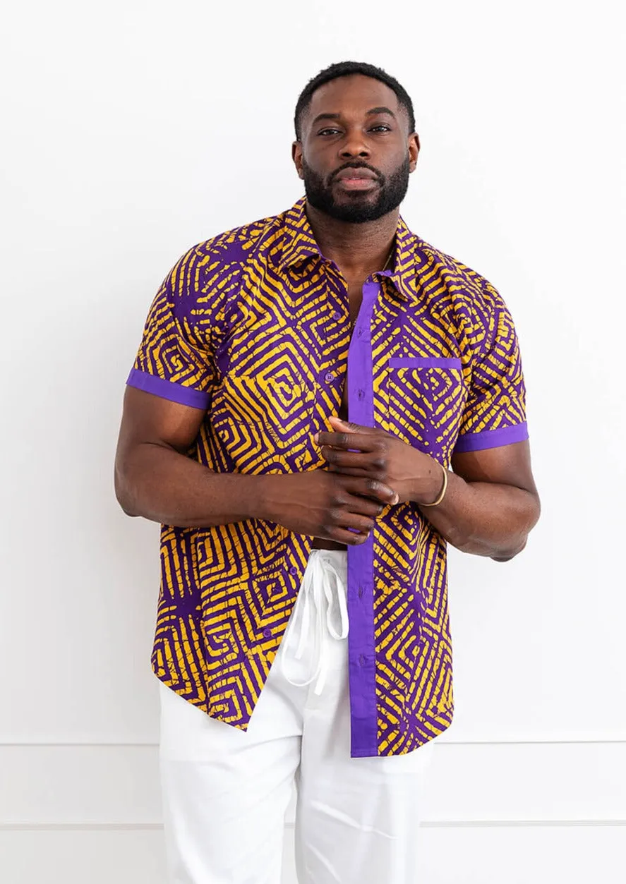 Tisholo Men's African Print Button-Up Shirt (Purple Diamond Adire) - Clearance sold by D'iyanu