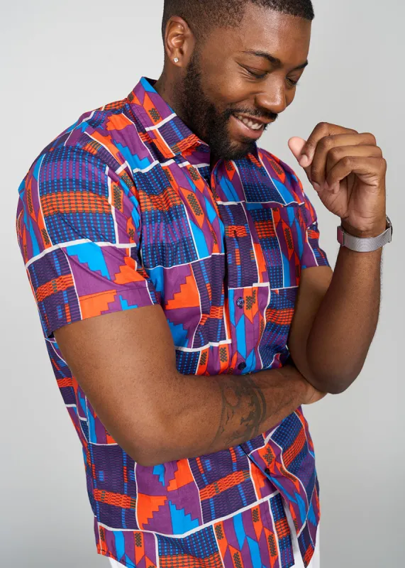 Keyon Men's African Print Button-up Shirt (Purple Navy Kente) sold by D'iyanu