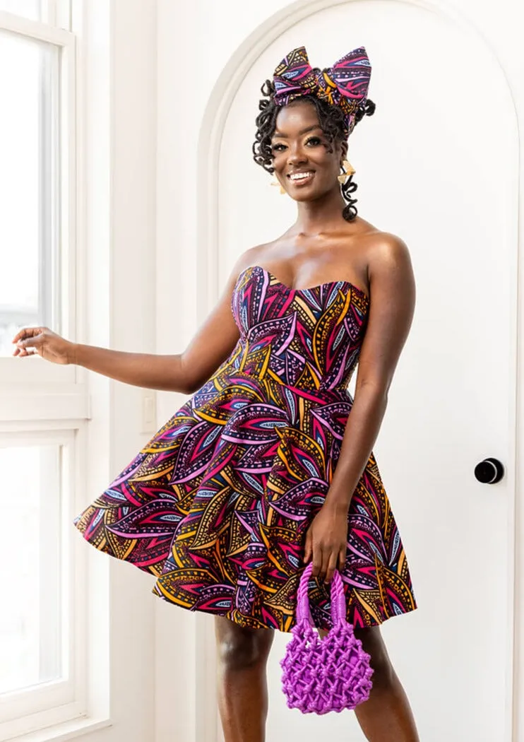 Jioni Women's African Print Corset Dress (Sunset Leaves) sold by D'iyanu