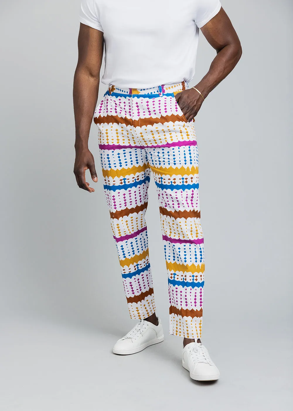Hadjar Men's African Print Trousers (White Nautical Adire) sold by D'iyanu