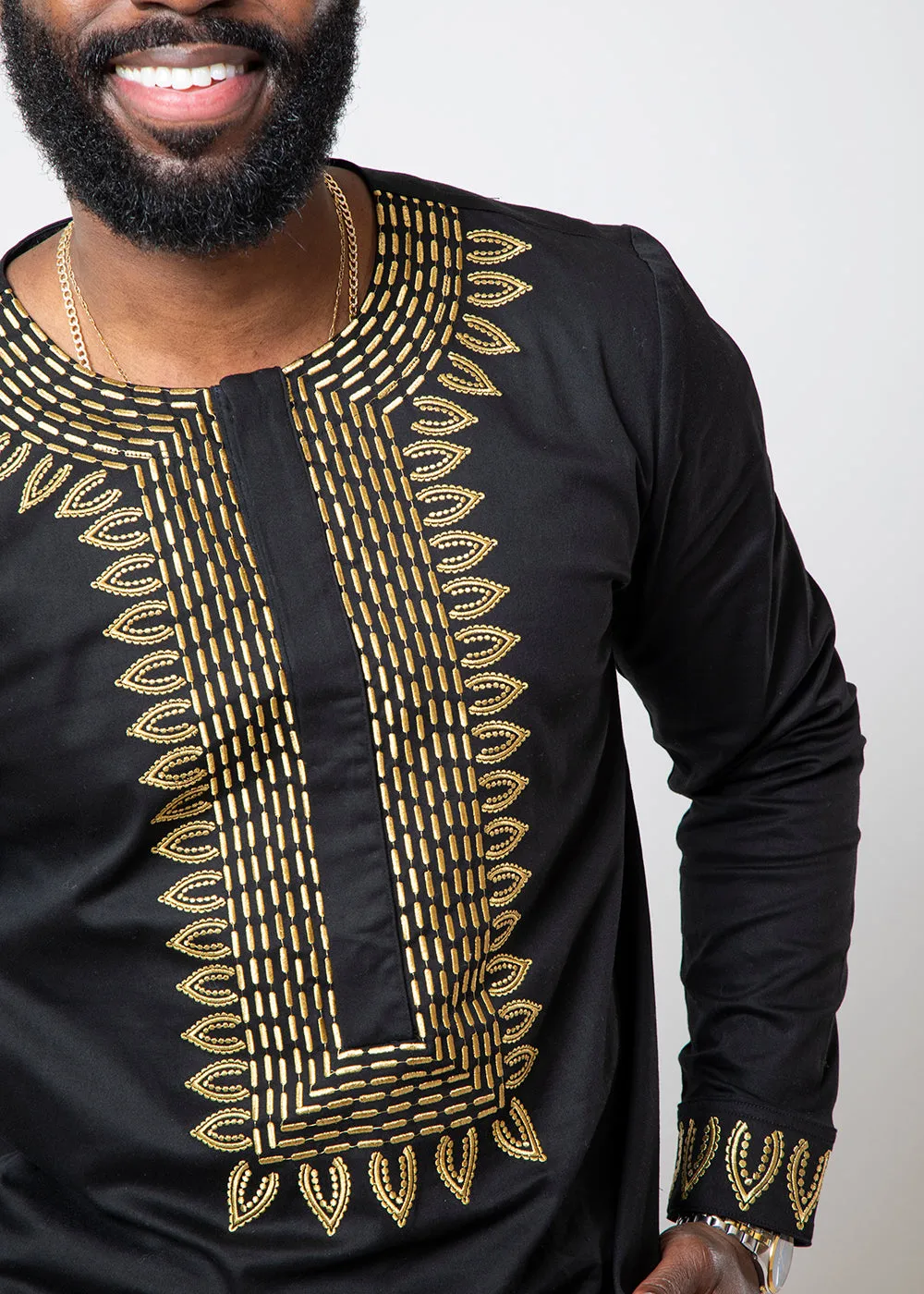 Karim Men's Embroidered Traditional Shirt (Black with Gold Embroidery) sold by D'iyanu product image thumbnail 2