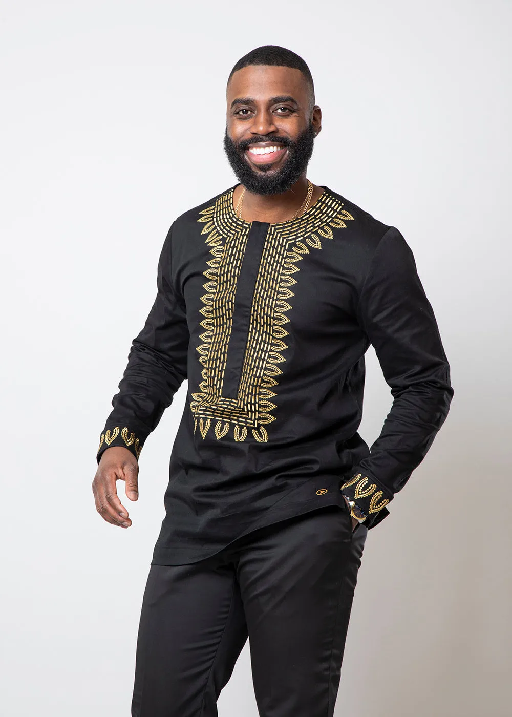Karim Men's Embroidered Traditional Shirt (Black with Gold Embroidery) sold by D'iyanu