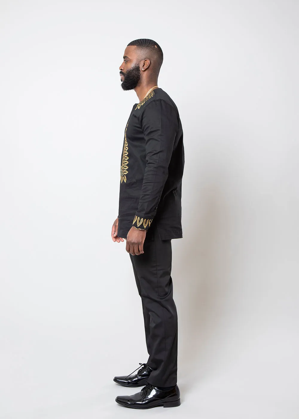 Karim Men's Embroidered Traditional Shirt (Black with Gold Embroidery) sold by D'iyanu product image thumbnail 3