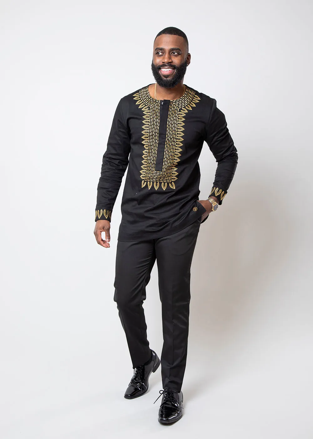 Karim Men's Embroidered Traditional Shirt (Black with Gold Embroidery) sold by D'iyanu product image thumbnail 4