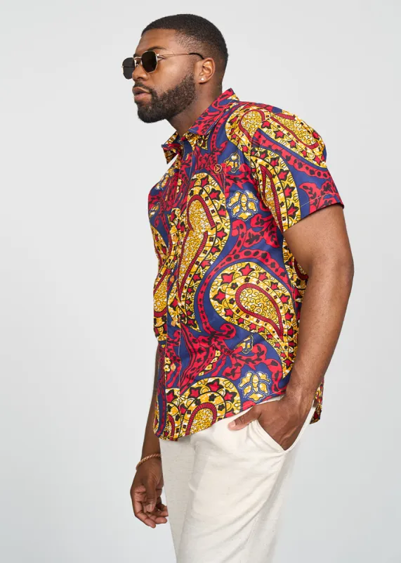 Keyon Men's African Print Button-up Shirt (Gold Navy Paisley) sold by D'iyanu