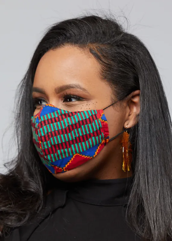 Shaka African Print 3 Layer Reusable Face Mask (BLUE RED KENTE)-Clearance sold by D'iyanu
