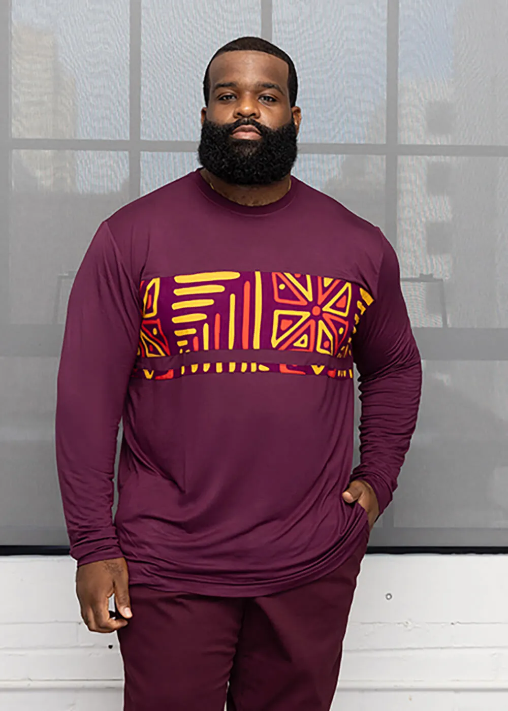 Ore Men's African Print Long Sleeve T-Shirt (Plum/Plum Gold Tribal) sold by D'iyanu product image thumbnail 2