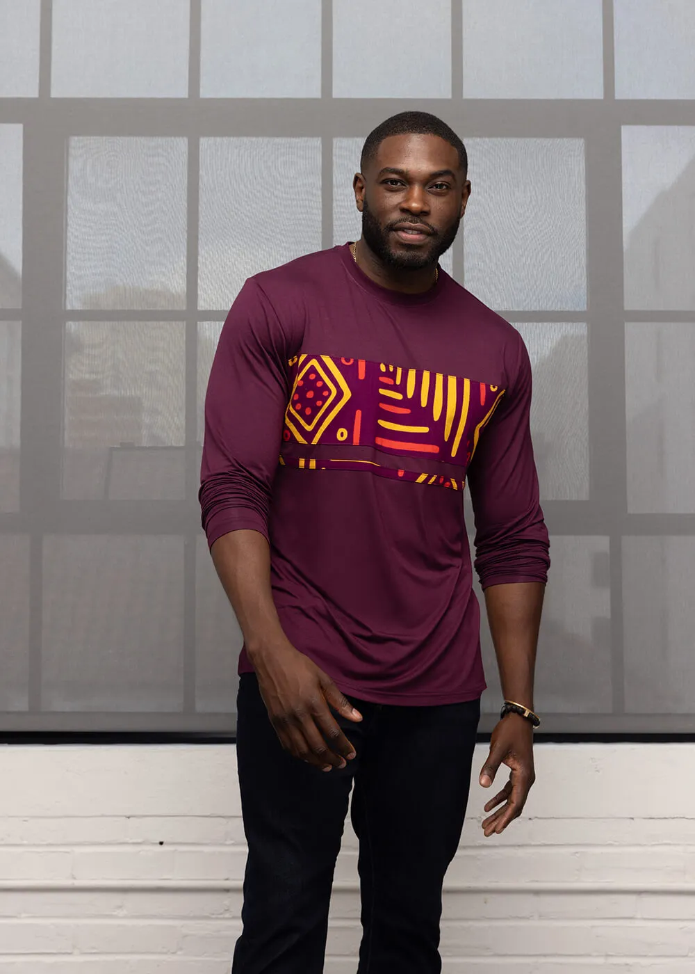 Ore Men's African Print Long Sleeve T-Shirt (Plum/Plum Gold Tribal) sold by D'iyanu
