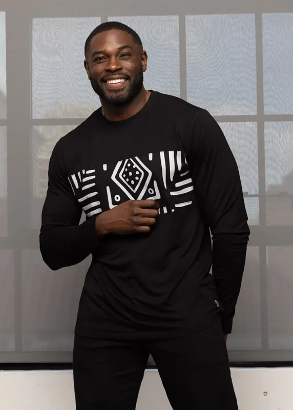 Ore Men's African Print Long Sleeve T-Shirt (Black/Grayscale Tribal) - Clearance sold by D'iyanu