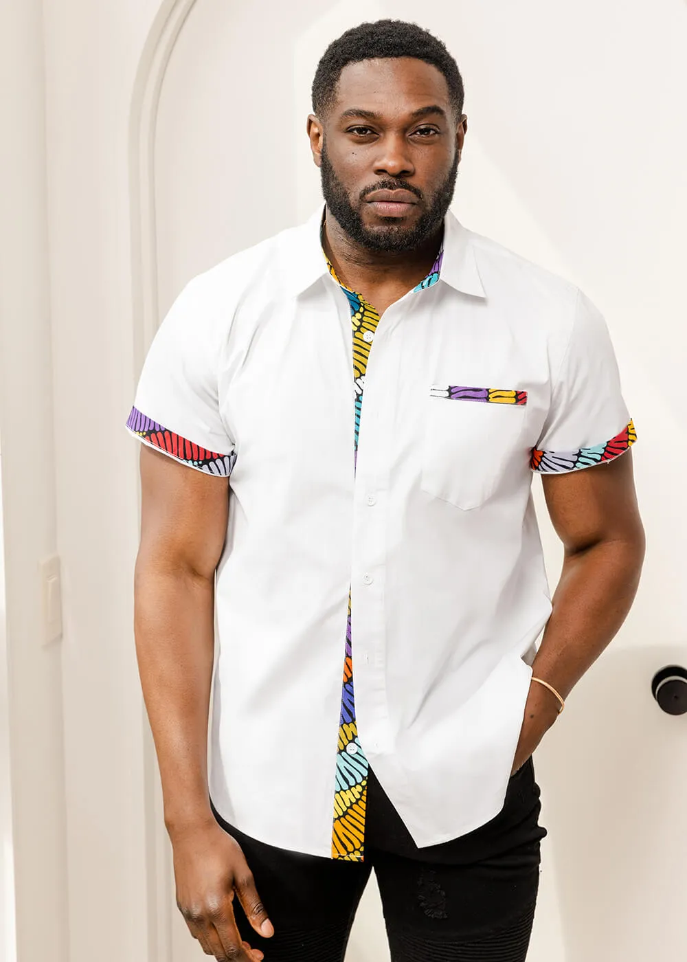 Salim Men's African Print Color-Blocked Shirt (Abstract Lines) - Clearance sold by D'iyanu