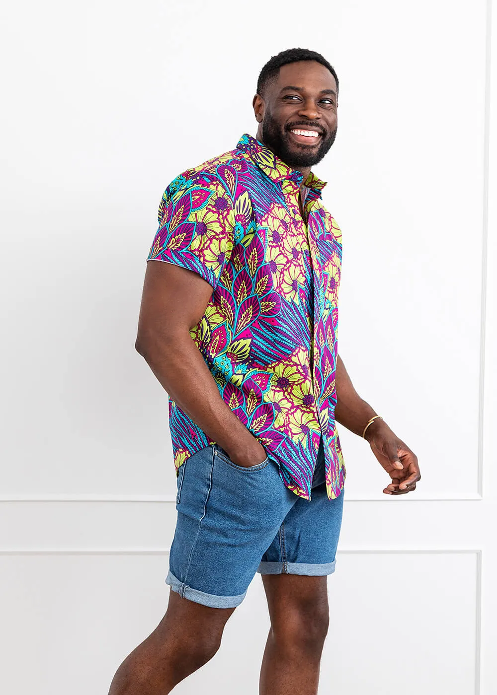 Tahir Men's African Print Button-Up Shirt (Aqua Flowers)-Clearance sold by D'iyanu product image thumbnail 3