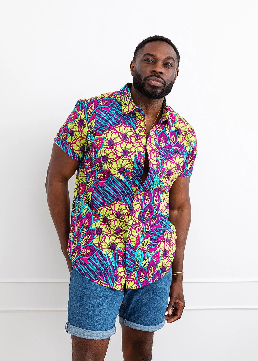 Tahir Men's African Print Button-Up Shirt (Aqua Flowers)-Clearance sold by D'iyanu product image thumbnail 4