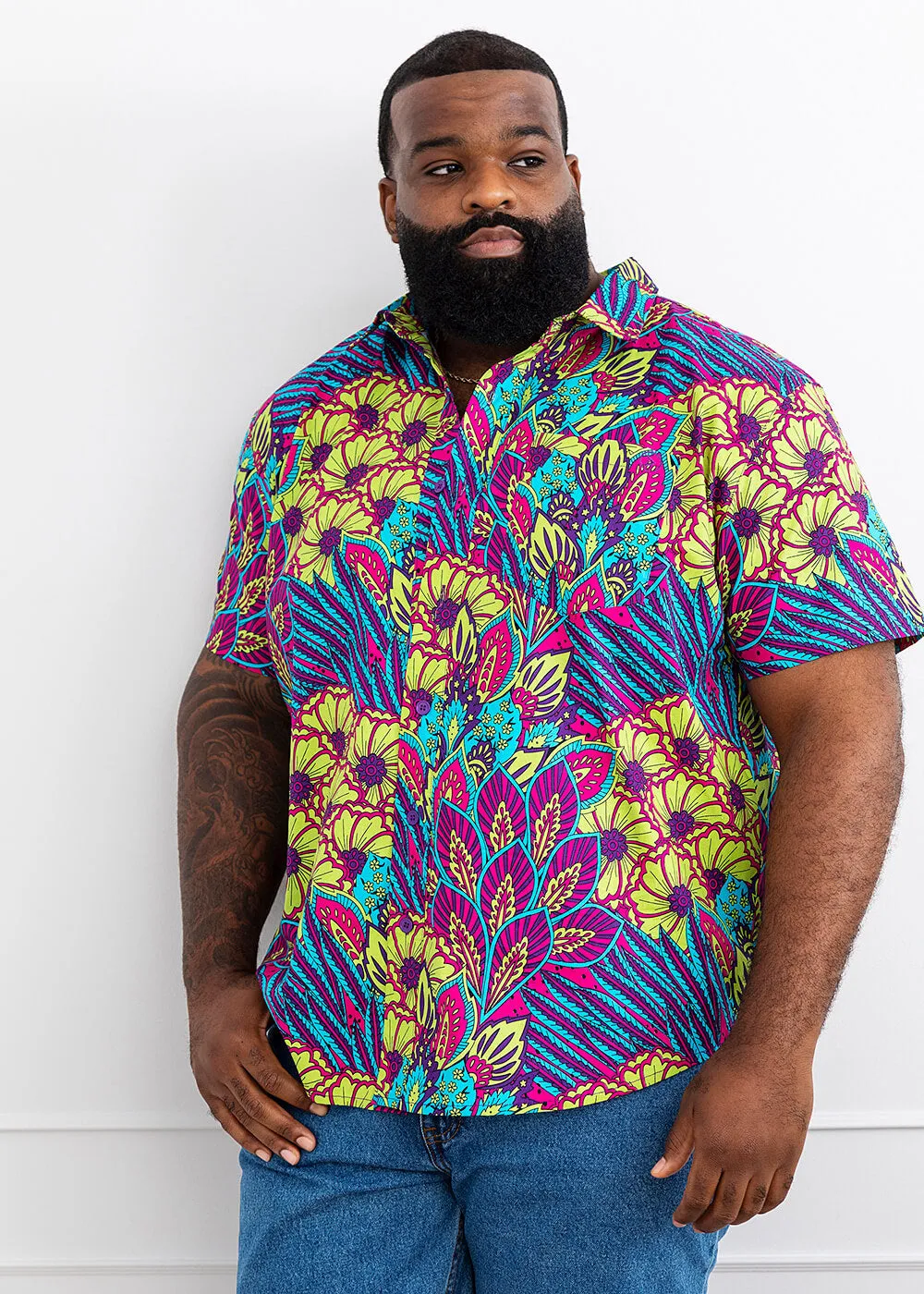 Tahir Men's African Print Button-Up Shirt (Aqua Flowers)-Clearance sold by D'iyanu
