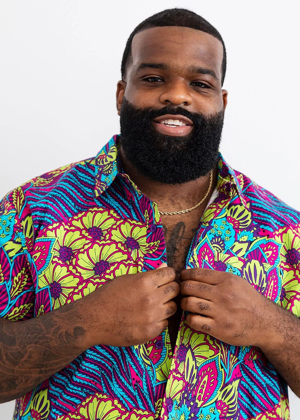 Tahir Men's African Print Button-Up Shirt (Aqua Flowers)-Clearance sold by D'iyanu product image thumbnail 5