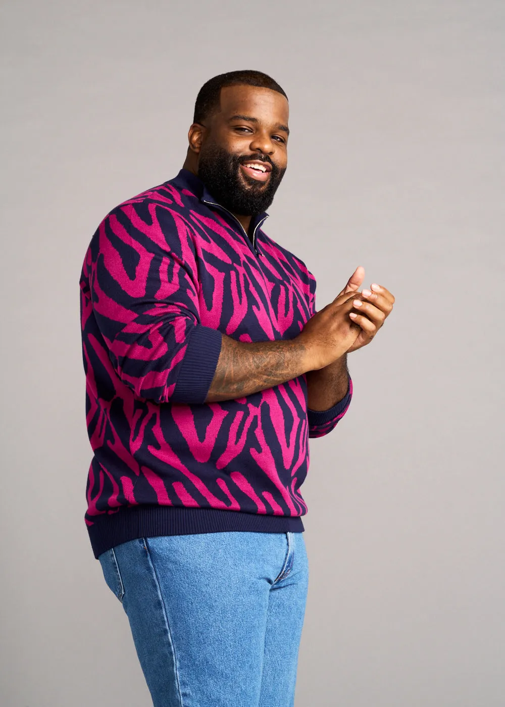 Hamadi Men's African Print Quarter Zip Sweater (Berry Zebra Abstract) - Clearance sold by D'iyanu product image thumbnail 3