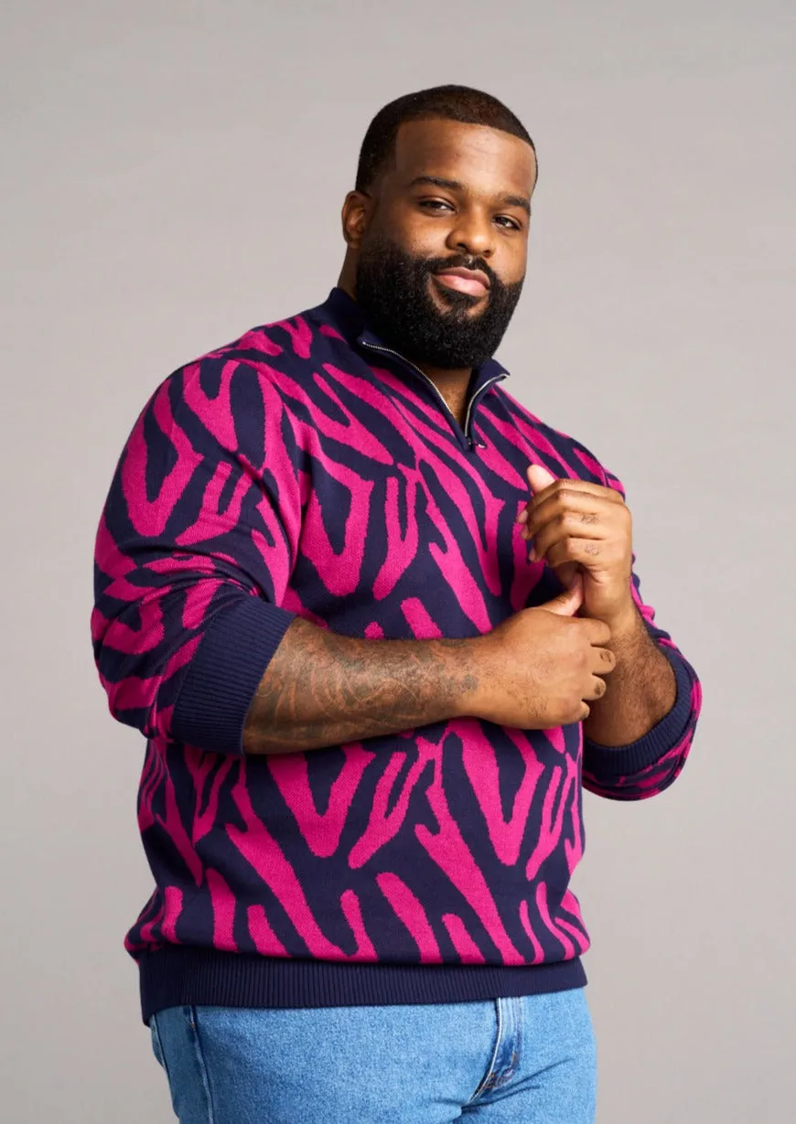 Hamadi Men's African Print Quarter Zip Sweater (Berry Zebra Abstract) - Clearance sold by D'iyanu