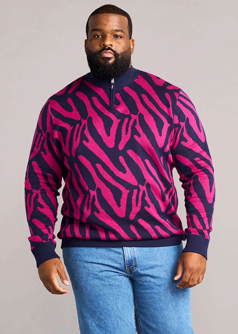 Hamadi Men's African Print Quarter Zip Sweater (Berry Zebra Abstract) - Clearance sold by D'iyanu product image thumbnail 2