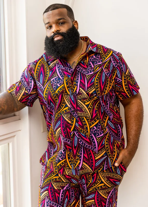 Keyon Men's African Print Button-Up Shirt (Sunset Leaves) sold by D'iyanu